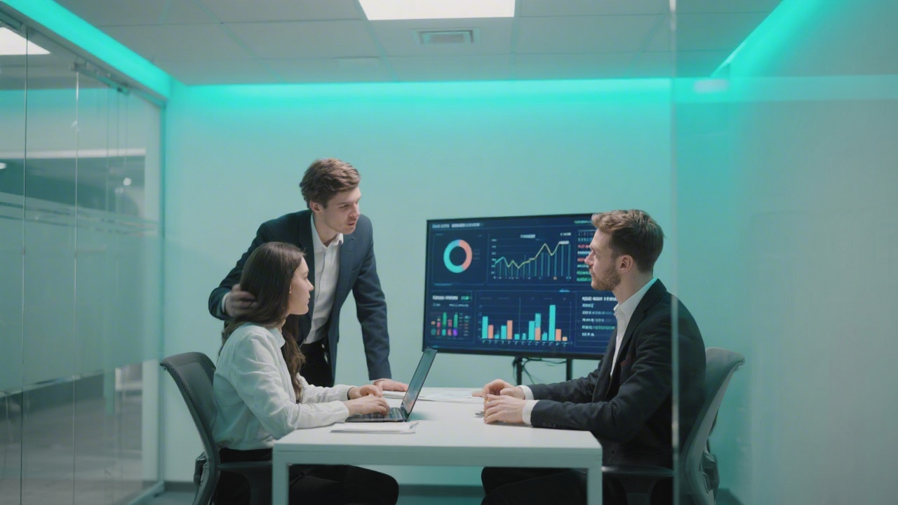 Young finance professionals collaborating around digital dashboards in a minimalist office with glass walls and teal accent lighting