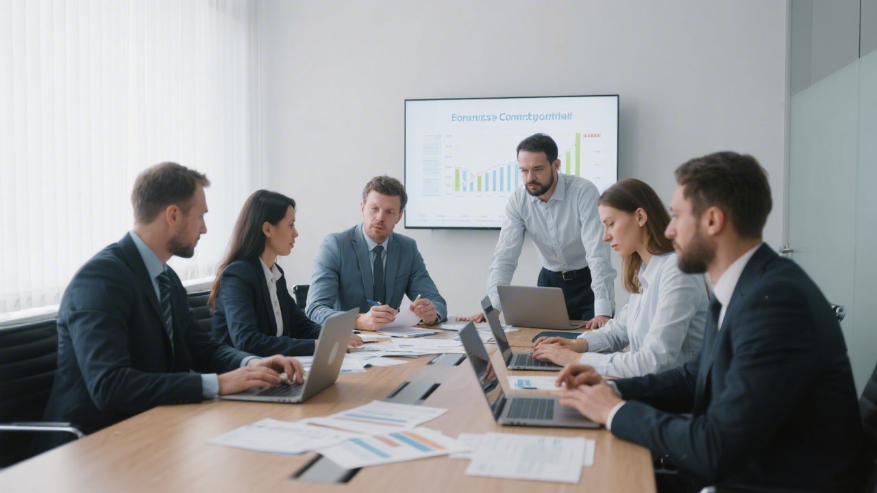 Treasury manager coordinating payment operations with colleagues while monitoring liquidity dashboard on large screen