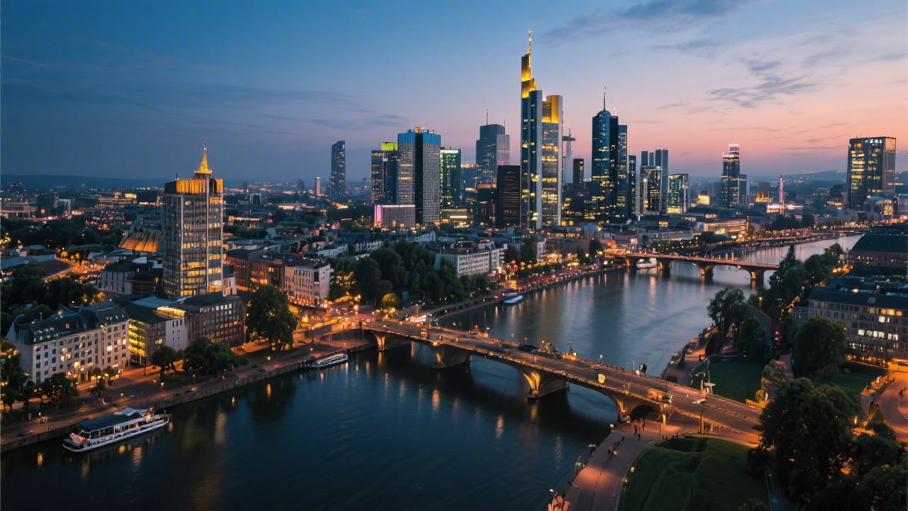 Frankfurt skyline at dusk with illuminated financial district and Main river seen from an elevated perspective
