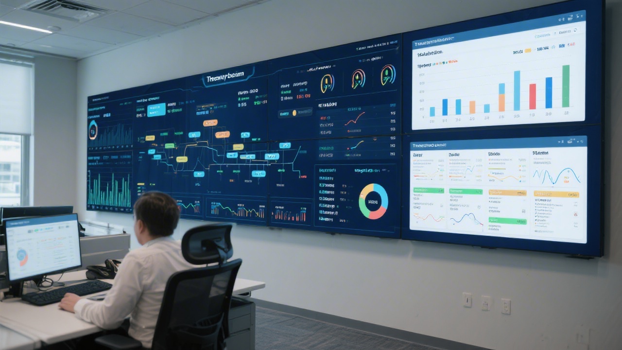 System architecture diagram showing API gateways, ERP connectors, and compliance engines orchestrating financial data flows in teal lighting