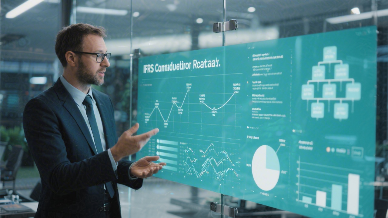 Financial consultant presenting IFRS consolidation roadmap on glass board with charts and group structure diagrams in teal tones