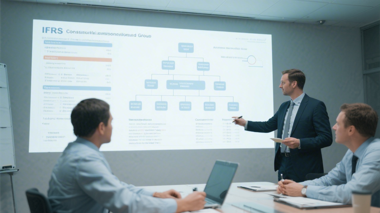 Finance professionals consolidating IFRS statements with large projection showing consolidation adjustments and group structure diagrams